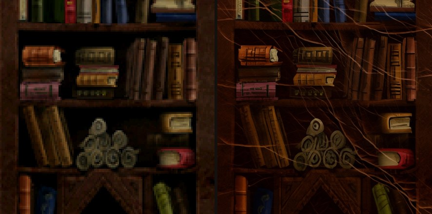 A bookcase texture, the 1999 original on the left and the restored version on the right