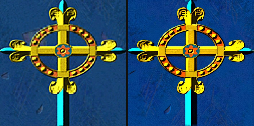A painted cross texture, the 1999 original on the left and the restored version on the right