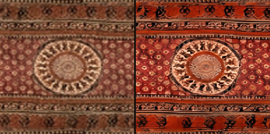 A patterned rug texture, the 1999 original on the left and the restored version on the right